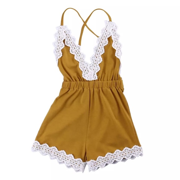 Baby Girl Mustard Romper Halter Lace Detail - Picture 3 of 6